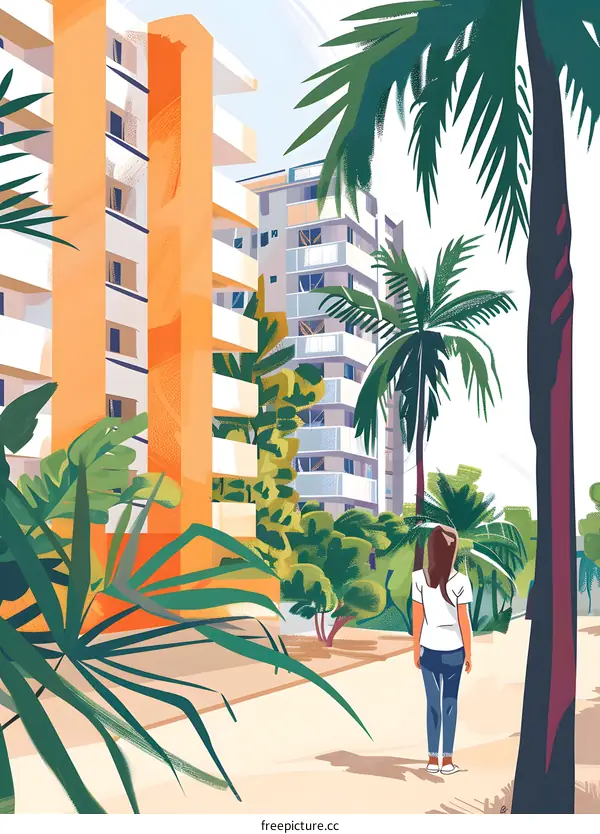 Woman Walking Through Tropical Cityscape
