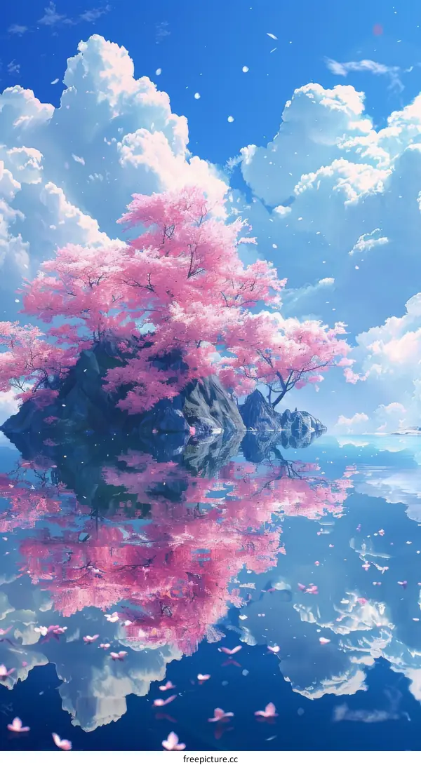 Pink Cherry Blossom Tree Reflection in Water Beautiful Sky