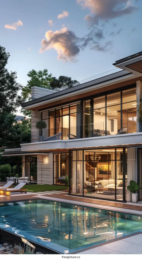 Luxury Modern House with Pool at Dusk