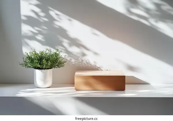 Wooden Display Platform with Plant and Sunlight