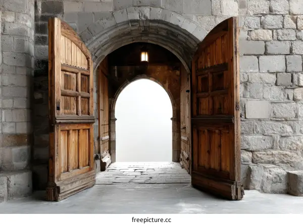 Ancient Stone Archway with Wooden Doors