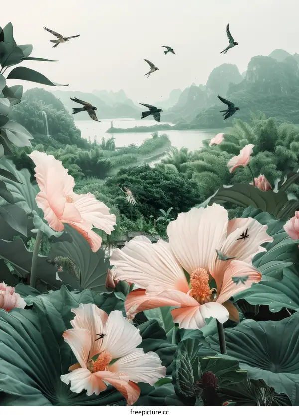 Pink Flowers and Green Leaves with Birds in Flight
