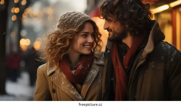 A couple is walking down the street in the snow