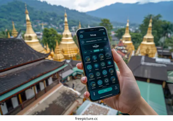 A woman holding a smartphone in front of a temple