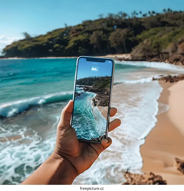 Person Holding Smartphone With Beach Photo on Screen