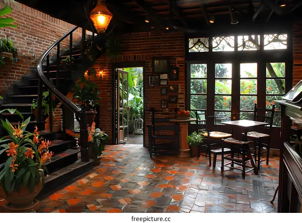Rustic Indoor Patio with Spiral Staircase