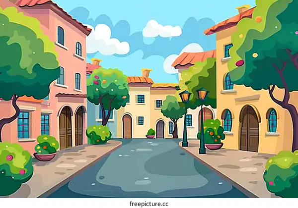 Cartoon Illustration of a Small Town Street