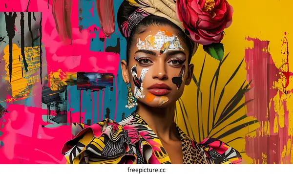 Woman with Colorful Makeup and Floral Headband Against Abstract Background