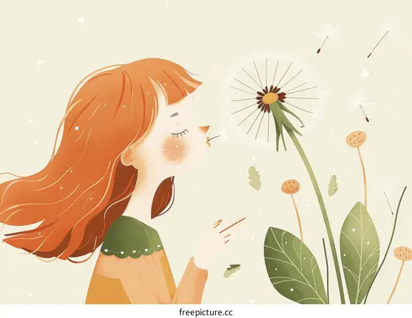 Redhead girl blowing dandelion seeds