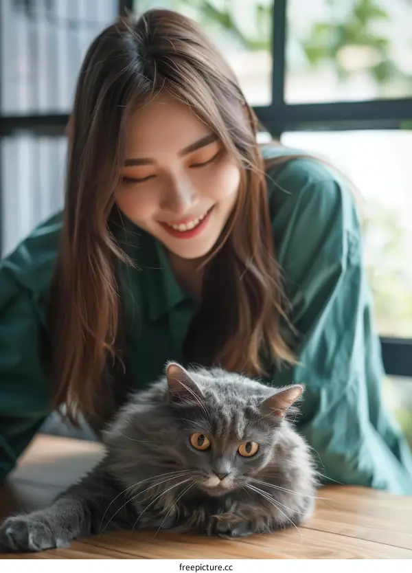 A young woman is sitting at a table with a gray cat.