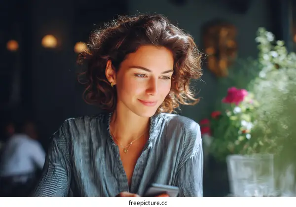 Woman using mobile phone in cafe