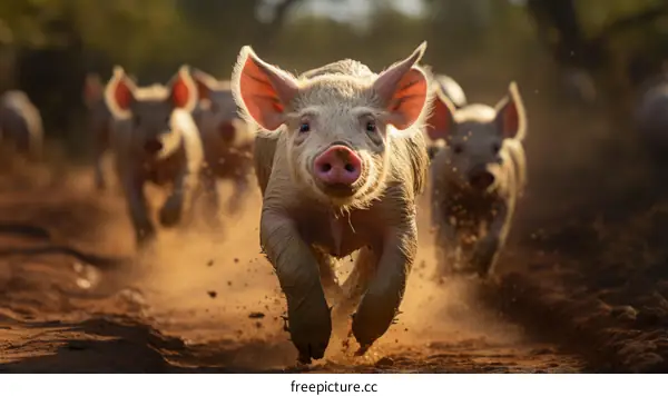 A group of domestic pigs running in a field