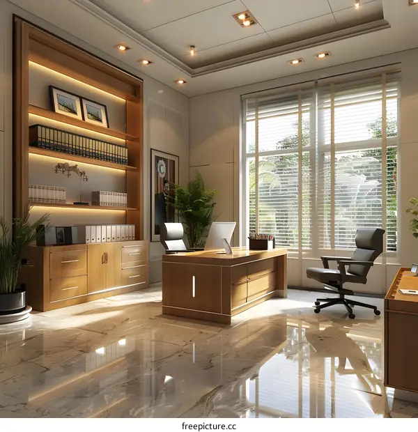 Office interior with large windows and wooden furniture