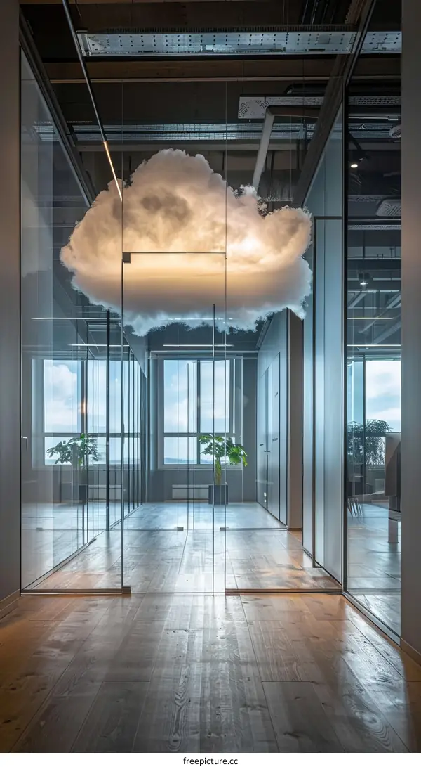 Office interior with cloud-shaped light fixture