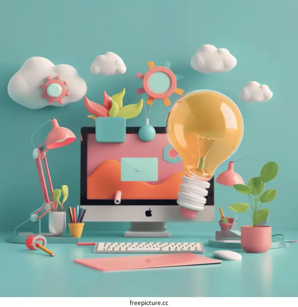 Creative Workspace with a Computer and Plants