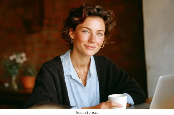 Smiling Woman Working on Laptop