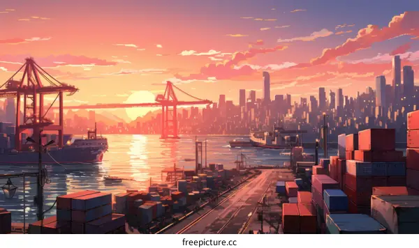 A bustling harbor at sunset with a large bridge and a city skyline in the background