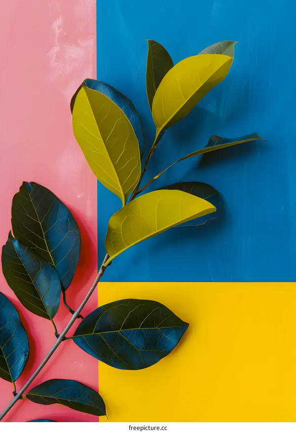 Green Leaves Branch On Pink Yellow and Blue Background