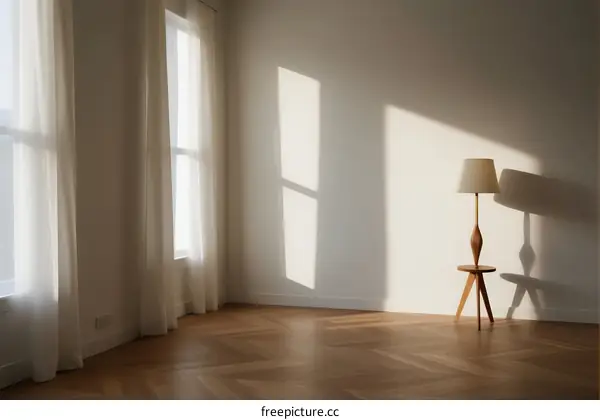 Sunlit empty room with wooden floor and modern lamp