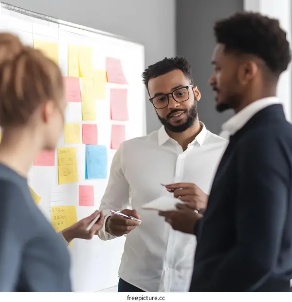 African American Businessmen Discussing Ideas on Whiteboard During Brainstorming Session