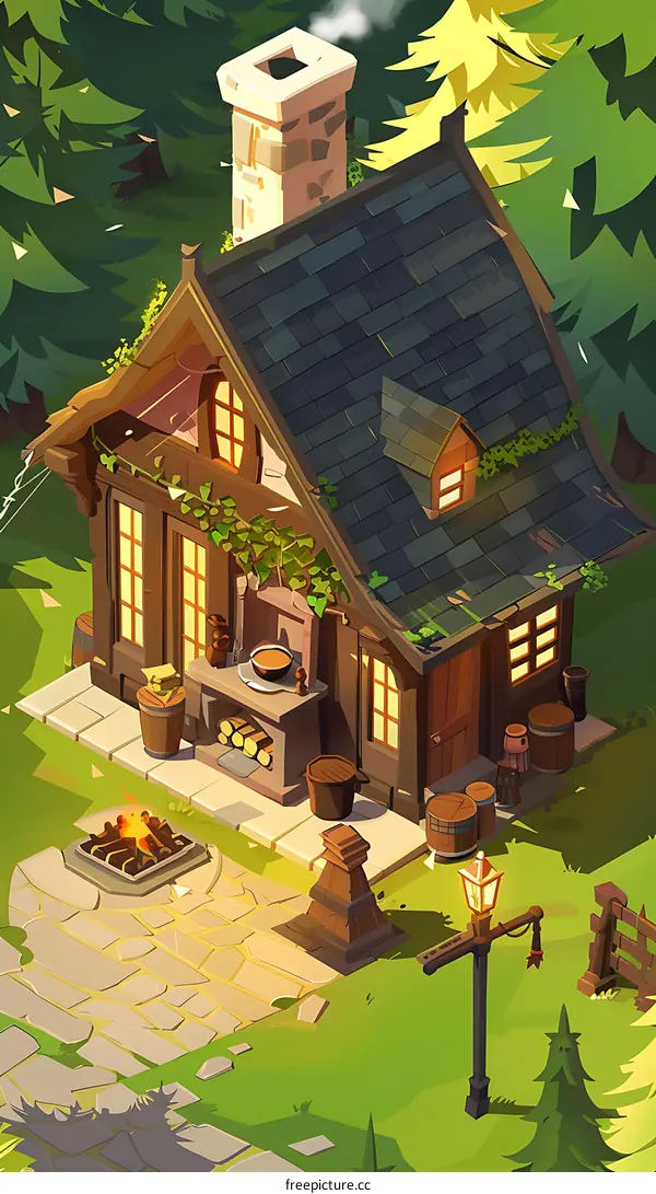 Cozy Wooden Cabin in the Forest Illustration