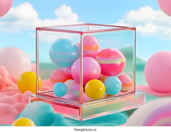 Colorful Glass Cube with Balls on a Blue and Pink Background