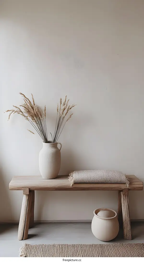 Simple Minimalist Home Decor with Wooden Bench and Dried Grass in Vase