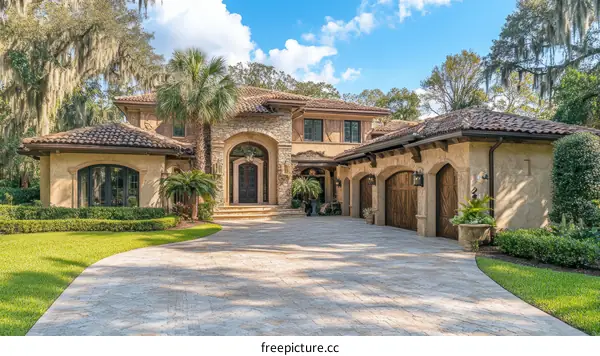 Luxury Mansion Exterior with a Driveway and Landscaping