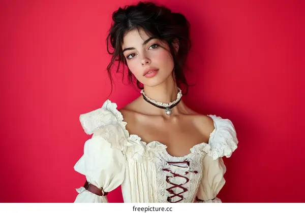 Elegant Woman in Vintage Inspired Dress Against Red Background