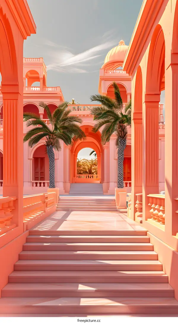 Pink Building With Palm Trees and Stairs