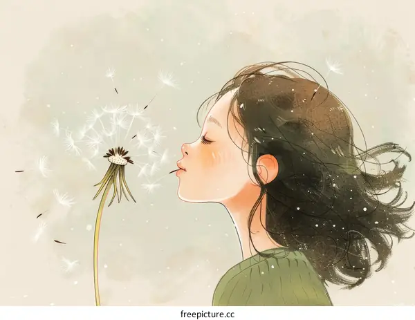 Girl Blowing Dandelion Illustration