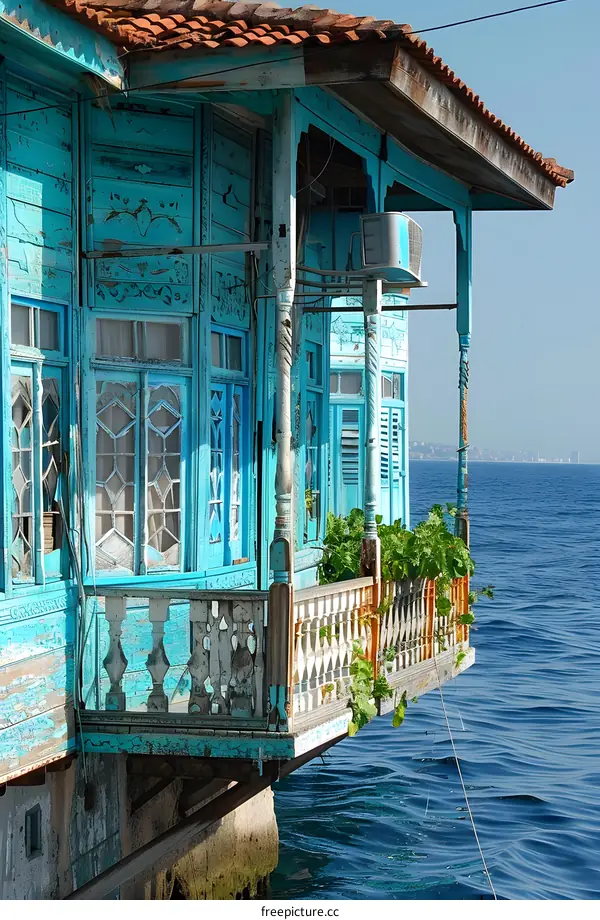Blue Wooden House With Balcony Overlooking Sea