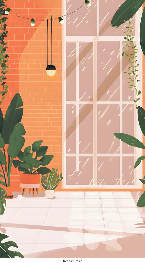 Orange Brick Wall with Window and Plants