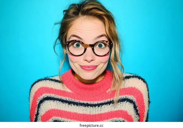 Woman with Glasses Expressing Amusement against Blue Background