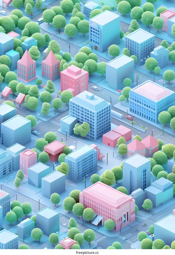 3D Cityscape Illustration with Pastel Buildings and Green Trees
