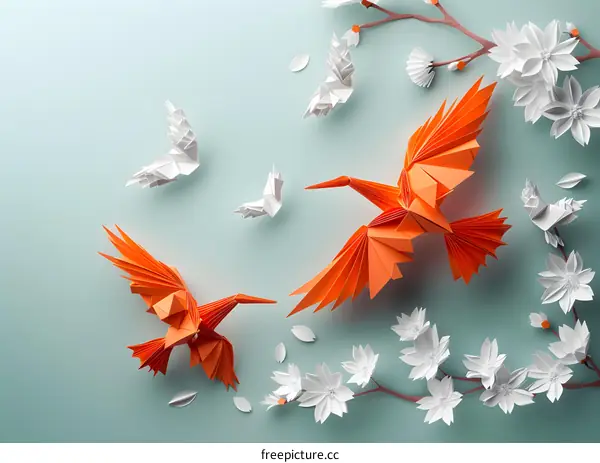 Origami birds with cherry blossoms
