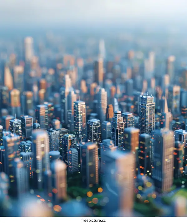 A miniature cityscape with skyscrapers and residential buildings