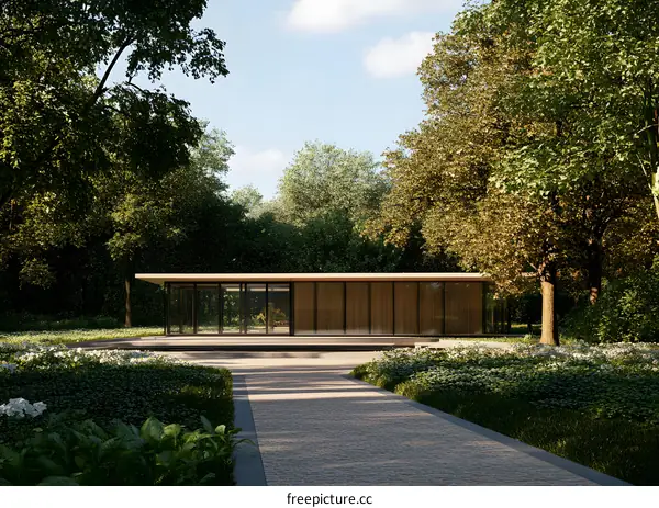 Modern Glass Pavilion in a Lush Green Forest