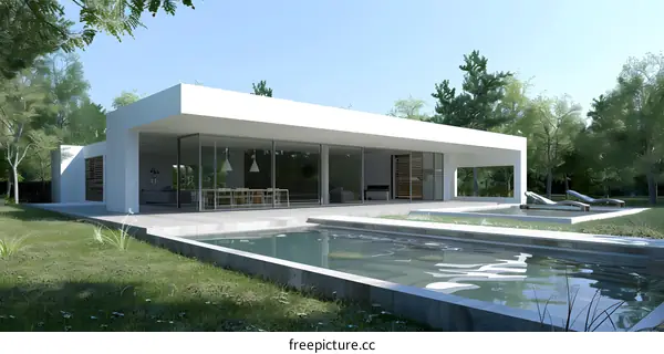 Modern Minimalist House with Pool and Surrounding Greenery