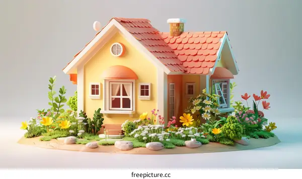 Small yellow house with red roof surrounded by flowers and plants