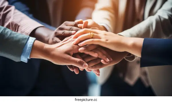 Multiracial business team joining hands together in unity and solidarity