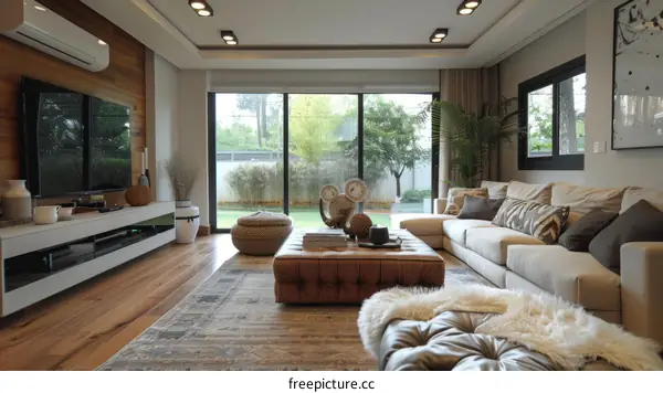 Modern living room interior design with large windows and comfortable seating