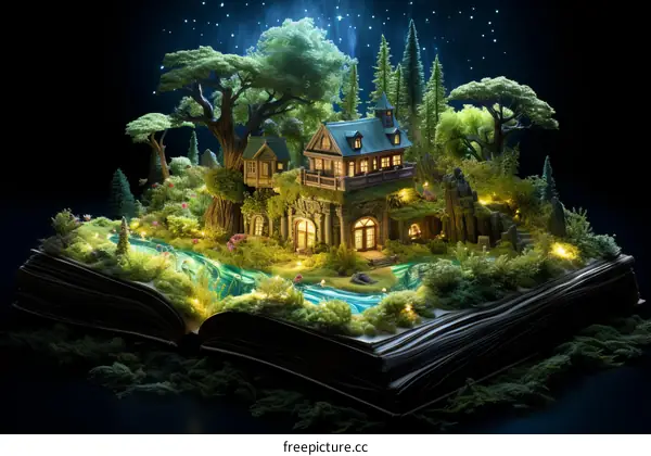 An illustration of a magical house in a book