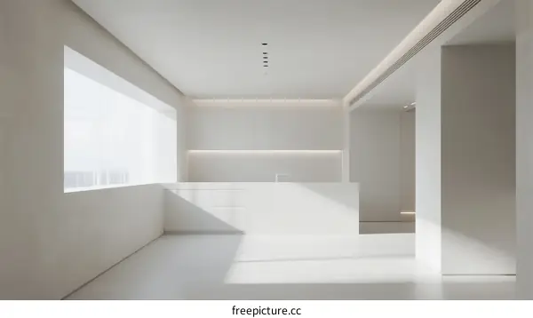 Minimalist white interior space with large window and clean lines