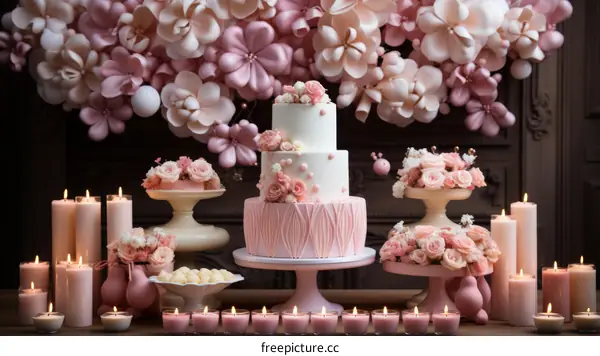 Three-tiered pink wedding cake with pink and white flowers