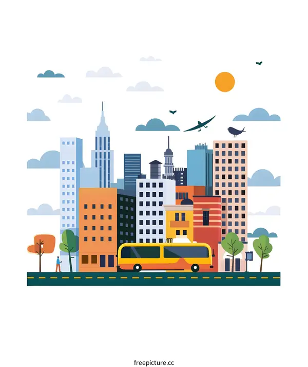 Cityscape Illustration with Buildings, Bus and Person