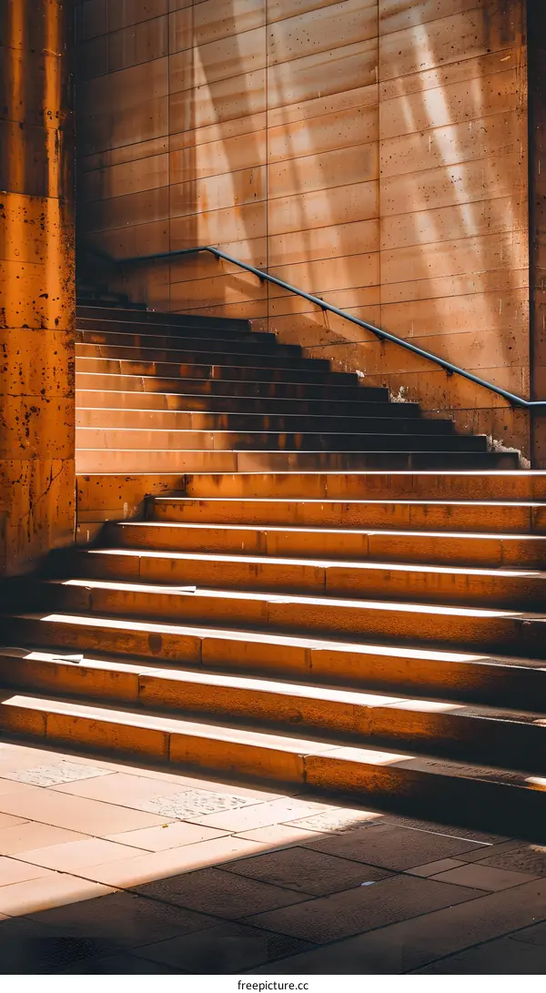 Concrete Stairs With Railing In Sunlight