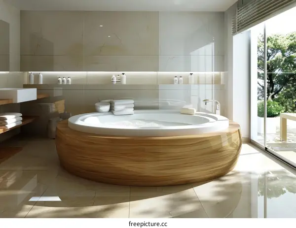Modern Luxurious Round Wooden Bathtub in a Bright Bathroom