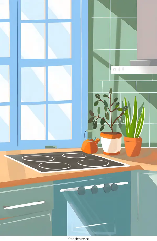 Kitchen Interior Illustration with Window and Plants