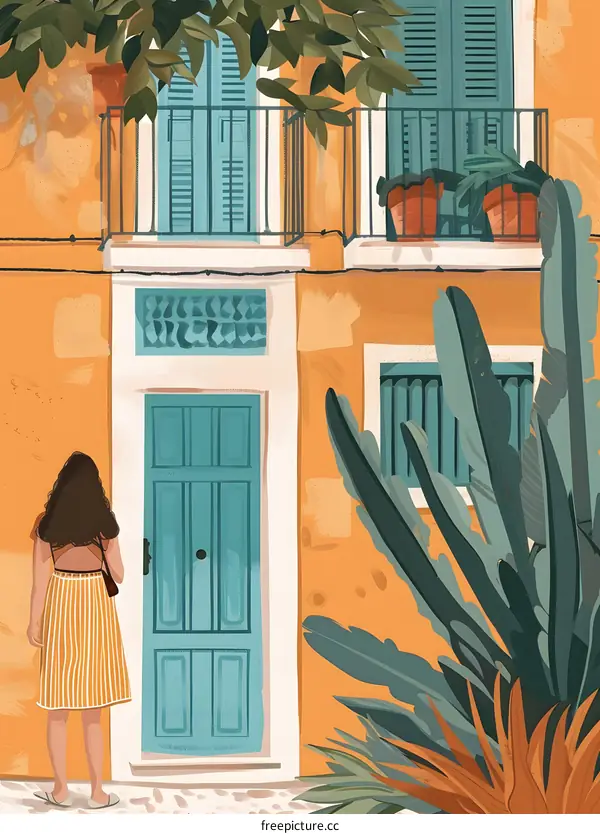 Woman in Yellow Dress Standing at the Door of a Blue Building